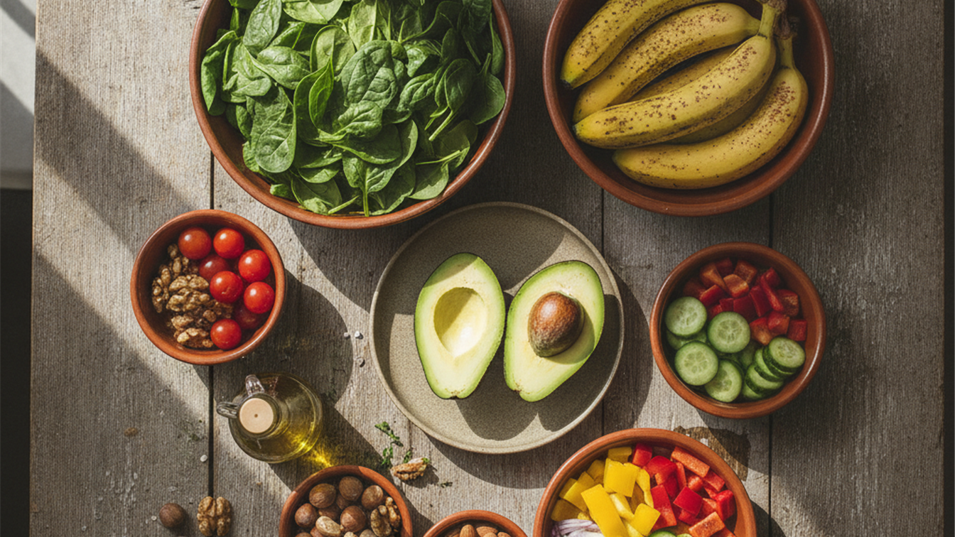 Mesa de madera con cuencos de espinacas, platano, aguacate y frutos secos