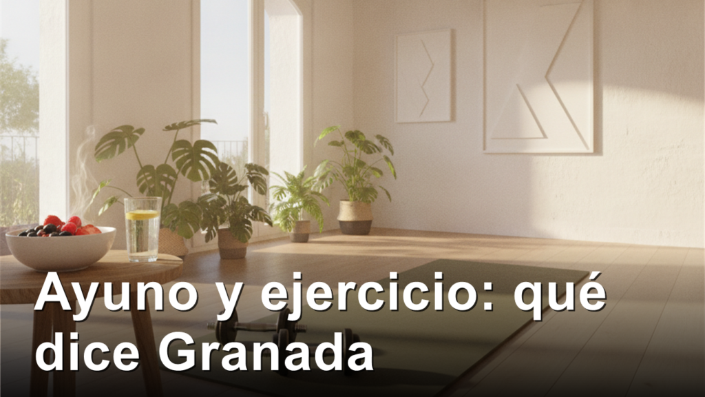 Escritorio de entrenamiento en casa con esterilla, mancuernas y desayuno saludable