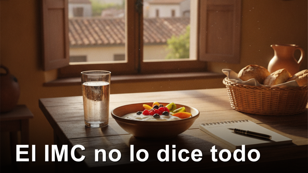 Mesa de cocina con yogur, fruta y un cuaderno junto a la ventana