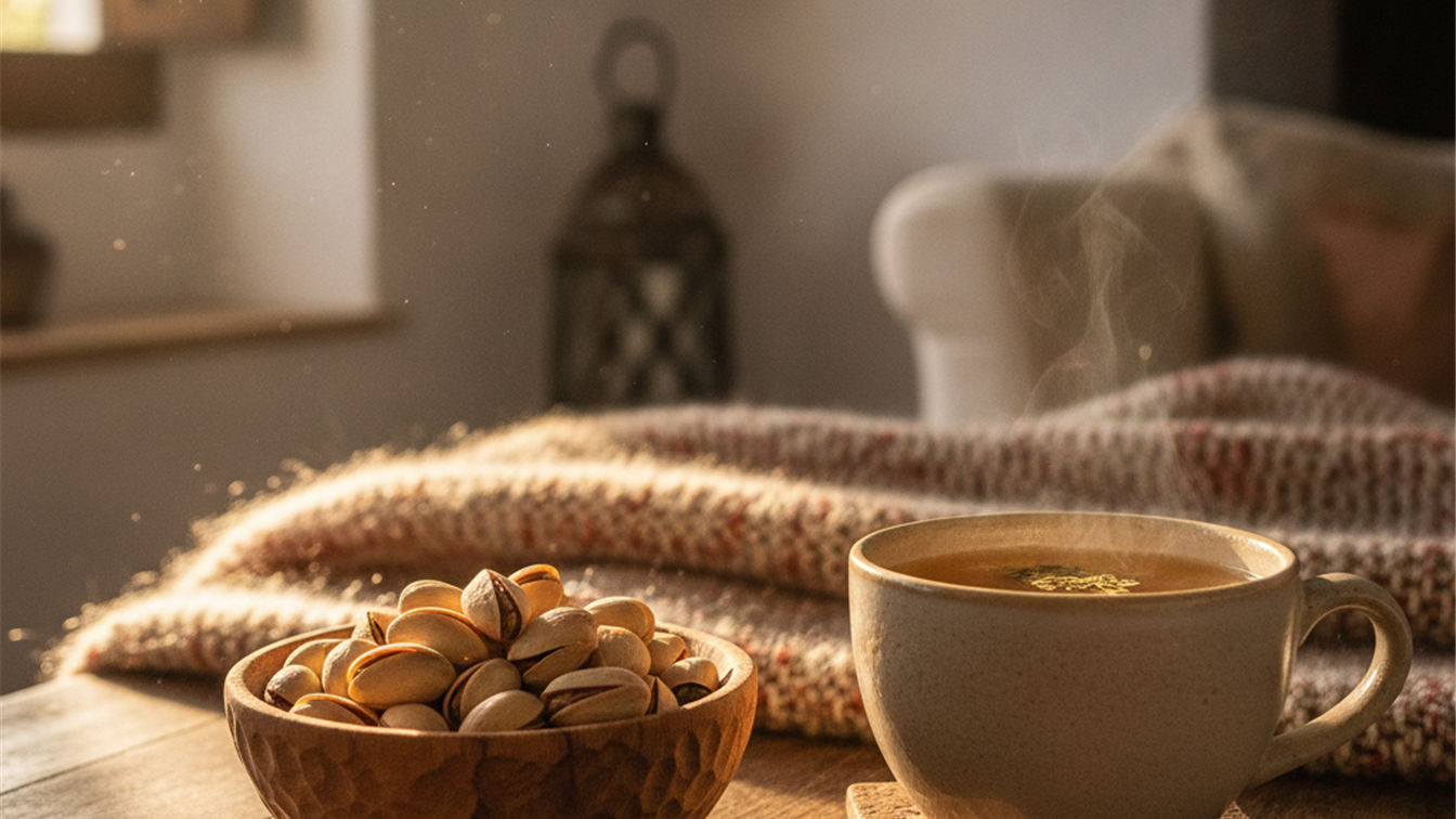 Cuenco de pistachos junto a una taza de infusión