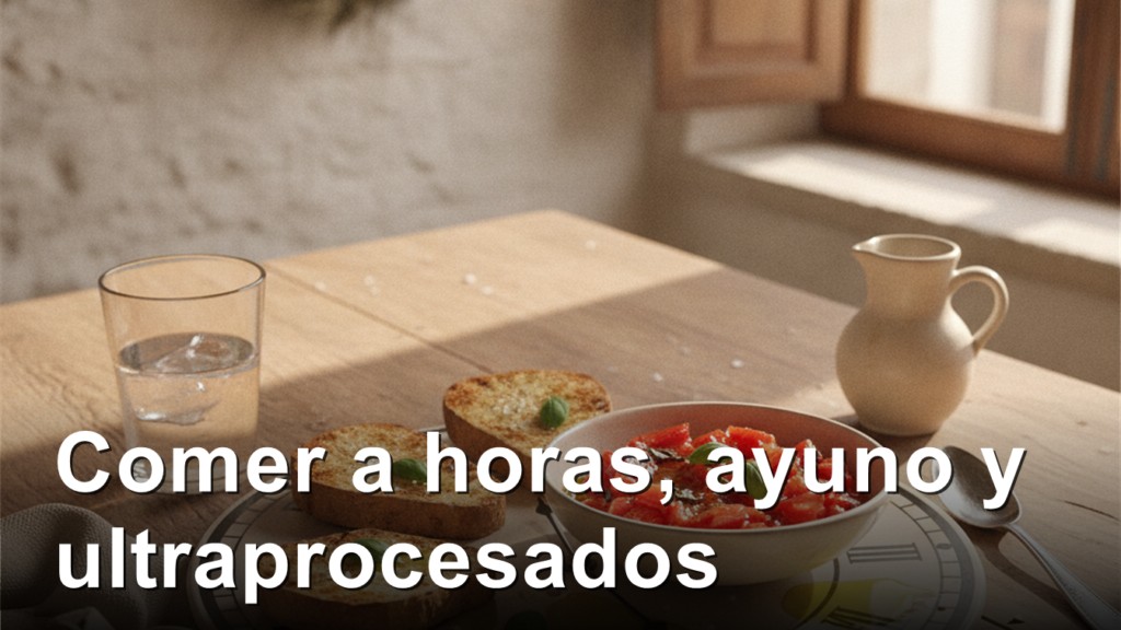 Mesa de desayuno con tostadas, tomate y un plato con forma de reloj