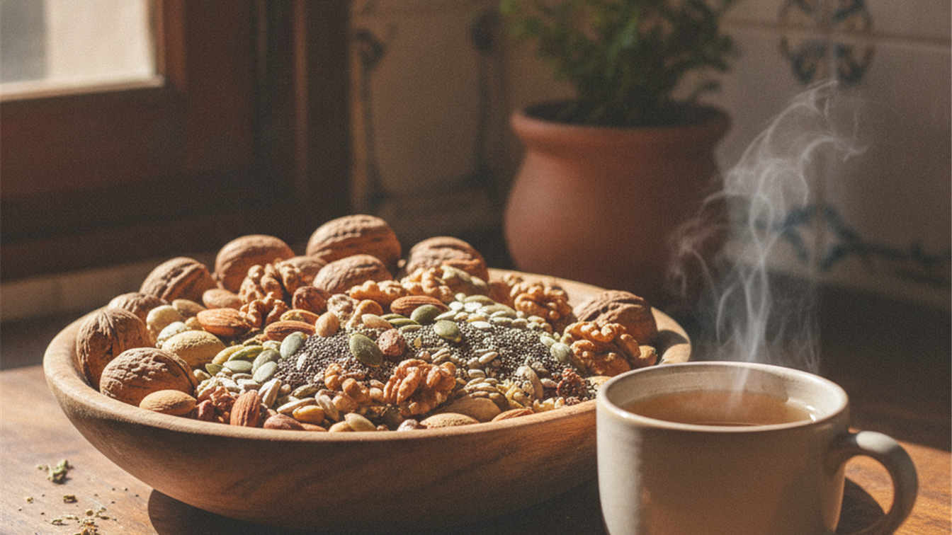 Cuenco de frutos secos y semillas junto a una taza de infusión