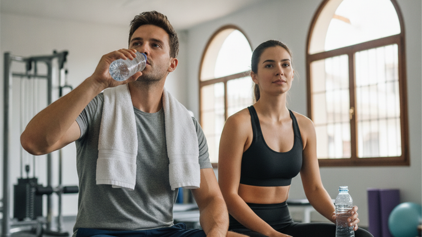 Pareja descansando y bebiendo agua en un gimnasio