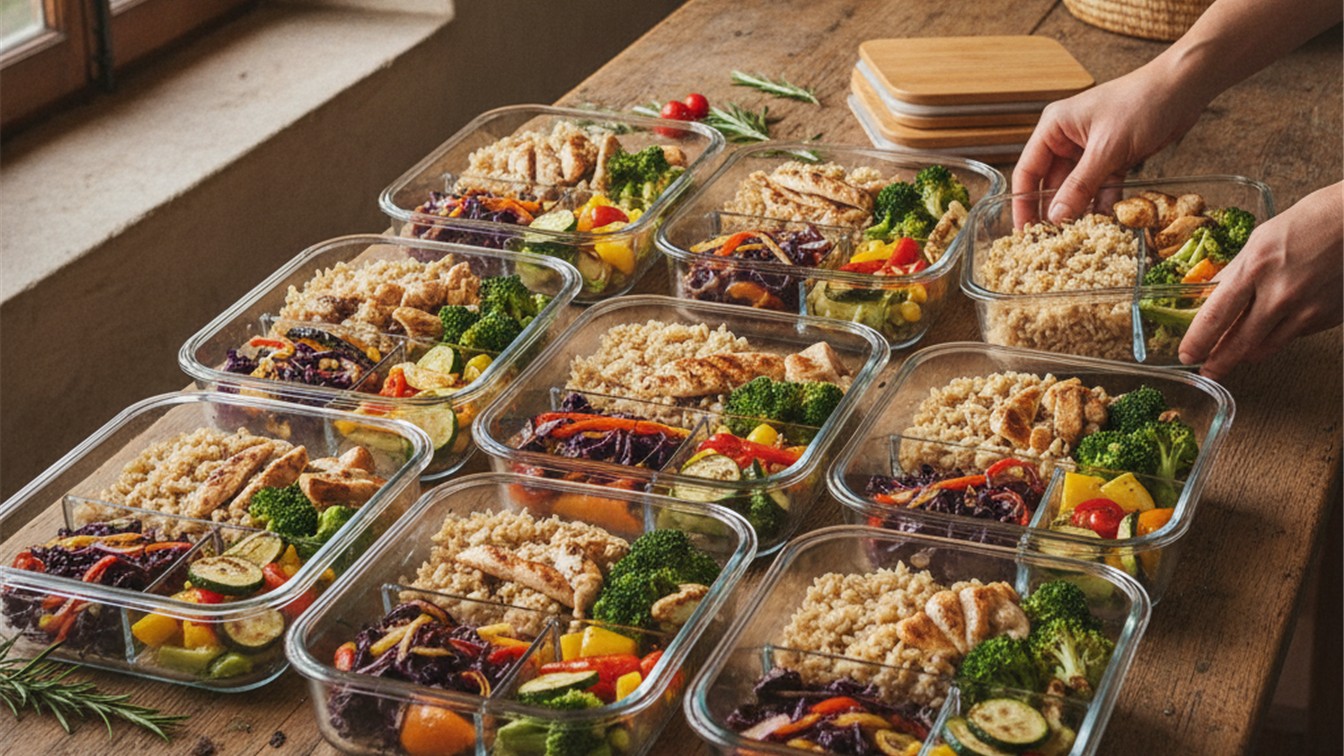 Recipientes de cristal con comida preparada para la semana