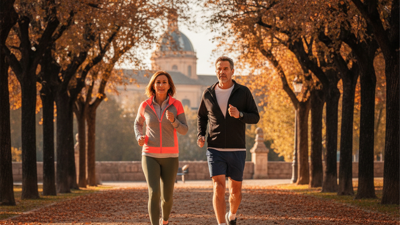 Pareja caminando a paso ligero por un parque español en otoño