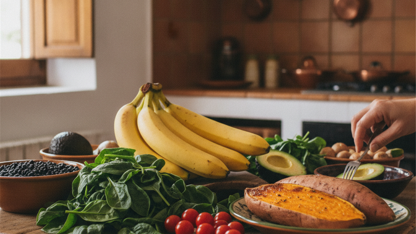 Alimentos ricos en potasio sobre una mesa de cocina