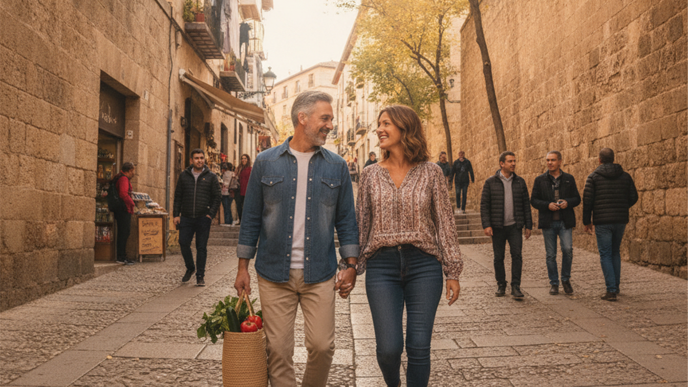 Pareja paseando por una calle de piedra de un casco antiguo español