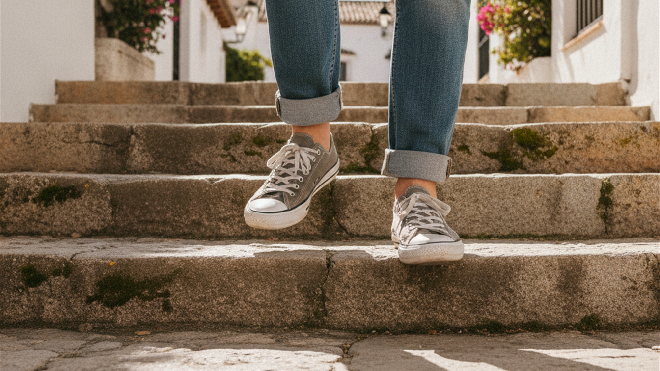 Zapatillas deportivas subiendo unas escaleras de piedra al sol
