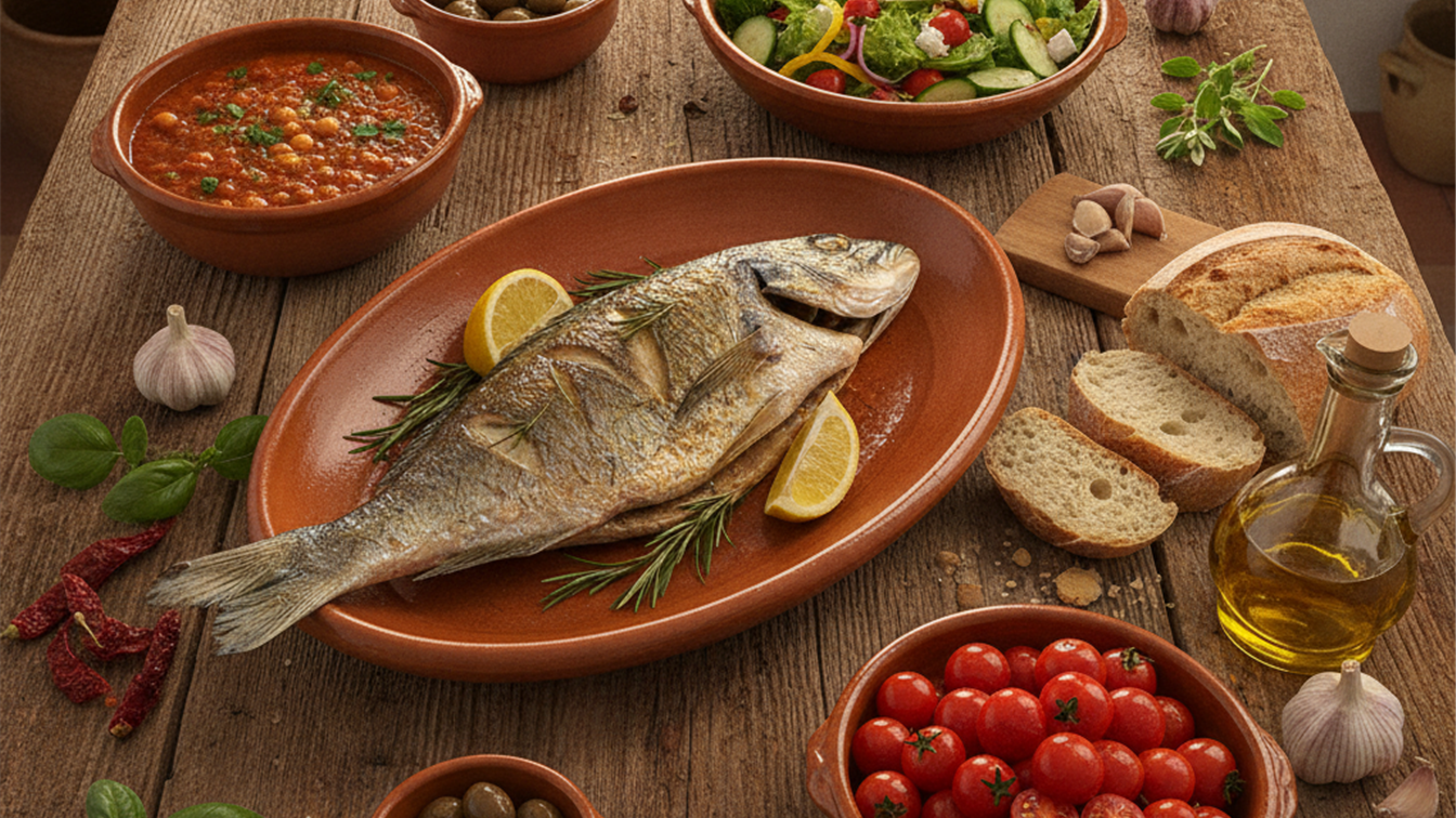 Plato mediterraneo saludable con legumbres pescado y verduras